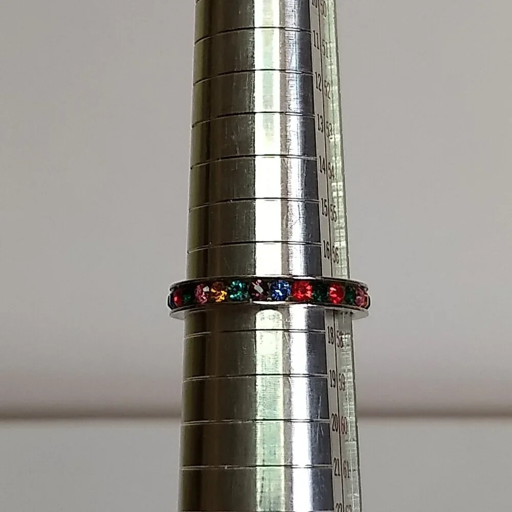 Silver Tone Multicolor Rainbow Stone Ring Band Marked ATI Taiwan Size 8 Colorful